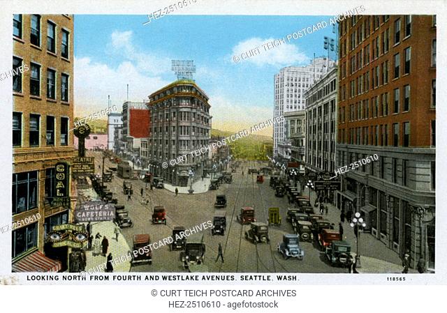Looking north from Fourth and Westlake Avenues, Seattle, Washington, USA, 1928. Vintage postcard. There is a flatiron building in the centre