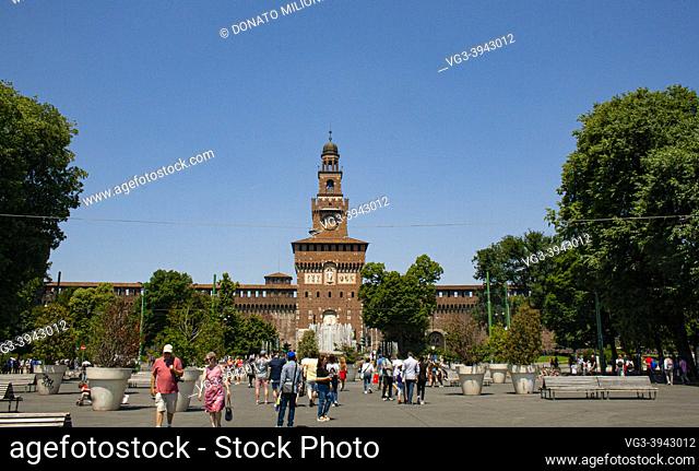 Milan, Lombardy, Italy, Europe. Sforza's Castle (Castello Sforzesco), was built in 15th Century by duke Francesco Sforza, is situated in the center of the city