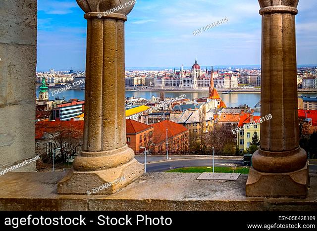 Budapest, Hungary panorama with Hungarian Parliament, Danube river and city aerial view through the arch