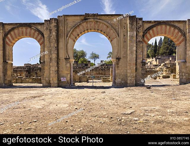 The Great Portico, or Bab al-Sudda, at the 10th century fortified palace and city of Medina Azahara, also known as Madinat al-Zahra, Cordoba Province, Spain