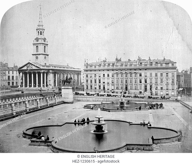 A view eastwards across Trafalgar Square, London, c1850. The fountains can be seen in the foreground with the equestrian statue of George IV