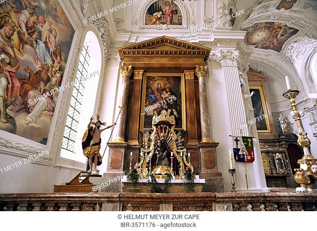 Altar of the Virgin Mary with the altarpiece, Donation of the Rosary by Georg Asam, 1691-92, in the Baroque Parish Church of St. Quirinus