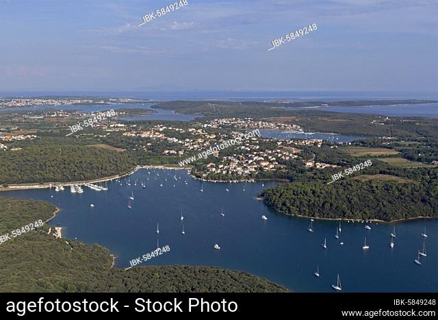 Aerial view, sailboats in a bay near Vinkuran, Istria, Croatia, Europe