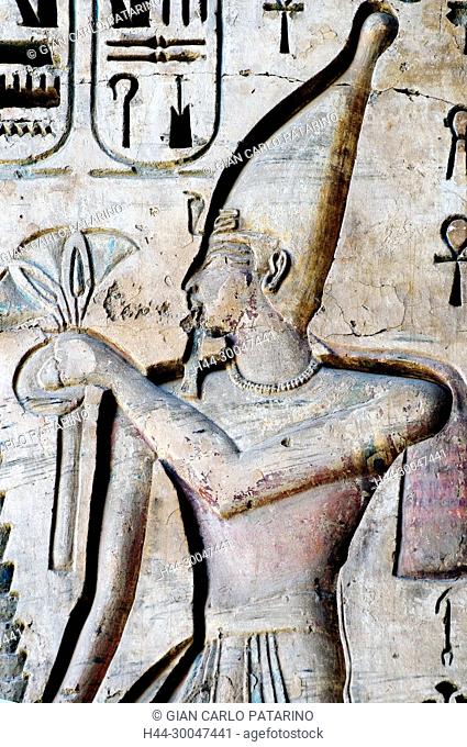 Medinet Habu, Luxor, Egypt, Djamet, mortuary temple of King Ramses III, ( XX dyn. 1185 -1078 B.C) - the king wearing the white crown