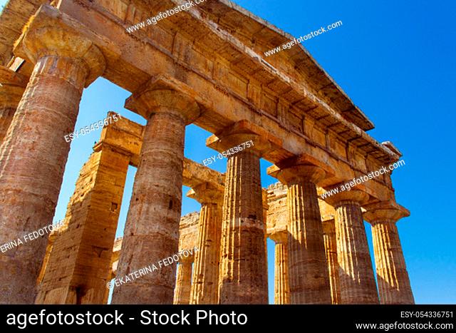 The greek Temple of Neptune in the archaeological site of Paestum (Poseidonia), Salerno, Campania, Italy