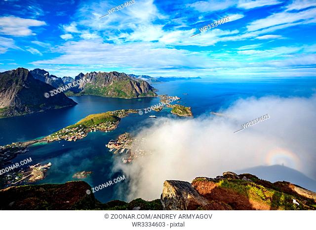 Lofoten is an archipelago in the county of Nordland, Norway. Is known for a distinctive scenery with dramatic mountains and peaks, open sea and sheltered bays