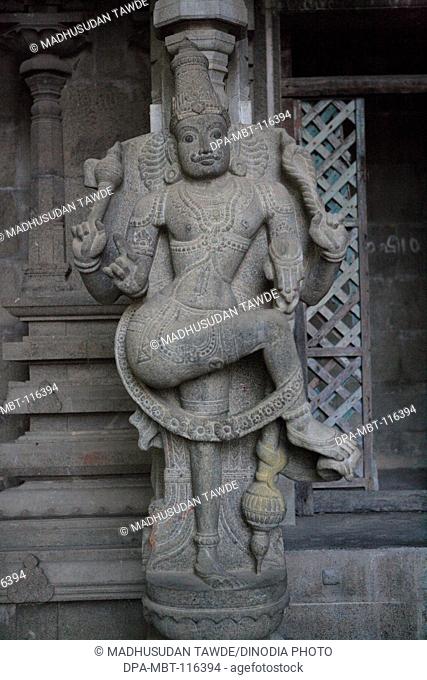 Statue on pillar in Sri Ramanathaswamy temple one of the twelve Jyotir Lingas in india Dravidian architecture construction in 12th Century ; Rameswaram small...