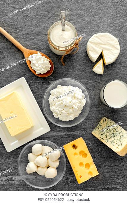 different kinds of cheese, milk, yogurt and butter