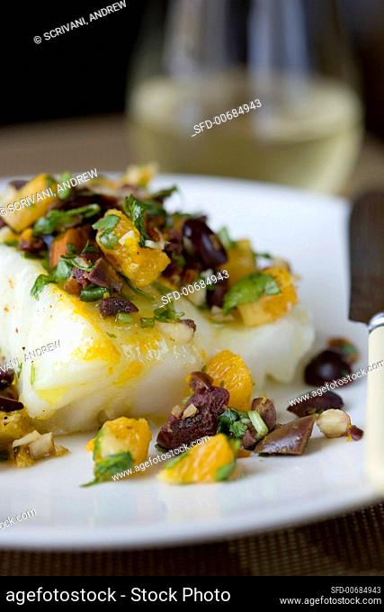 Chilean Sea Bass with Kalamata Olives, Orange Pieces and Herbs