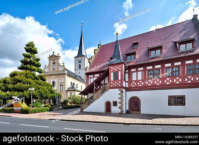 Stepped lime tree, St. Peter and Paul Church, church, town hall, half-timbered, house facade, Grettstadt, Franconia, Bavaria, Germany, Europe