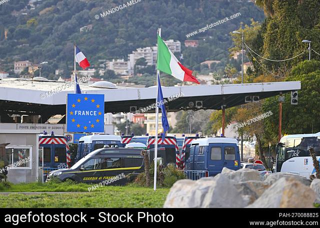 Menton, France - January 7, 2022: French-Italian border, French Police and Italian Military control the Border, Douane in Menton and Ventimiglia
