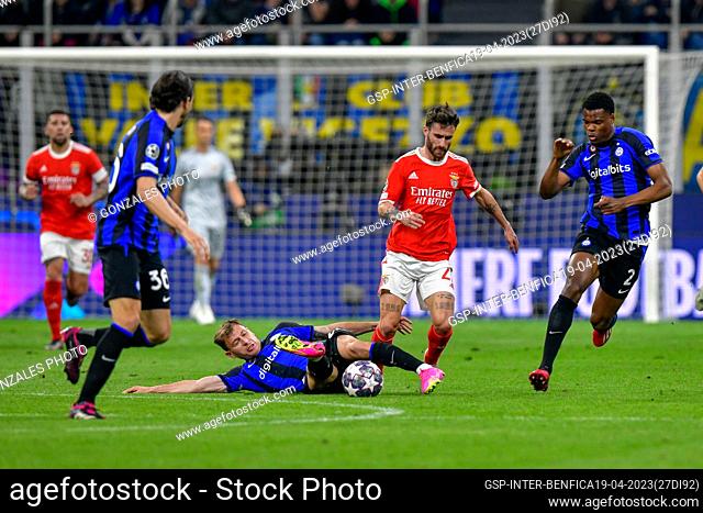 Milano, Italy. 19th, April 2023. Nicolo Barella (23) of Inter and Rafa Silva (27) of Benfica seen during the UEFA Champions League match between Inter and...