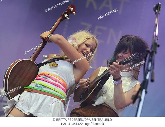 Singer Solveig Heilo (L) and Anne Marit Bergheim of the Norwegian band Katzenjammer are pictured on a stage of the Greenville Festival in Paaren im Glien