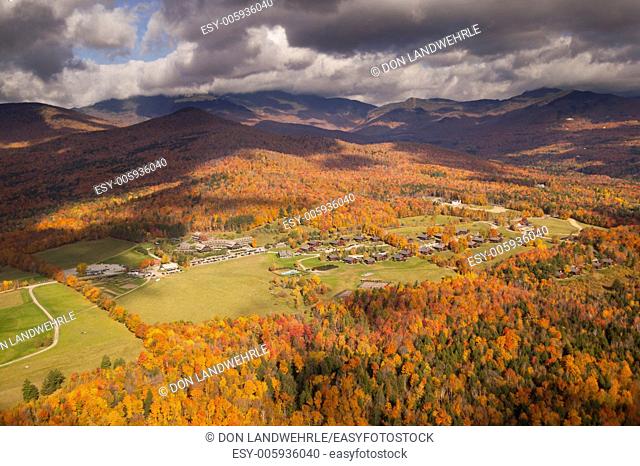 Aerial view of Trapp Family Lodge during peak foliage season, Stowe, Vermont, USA