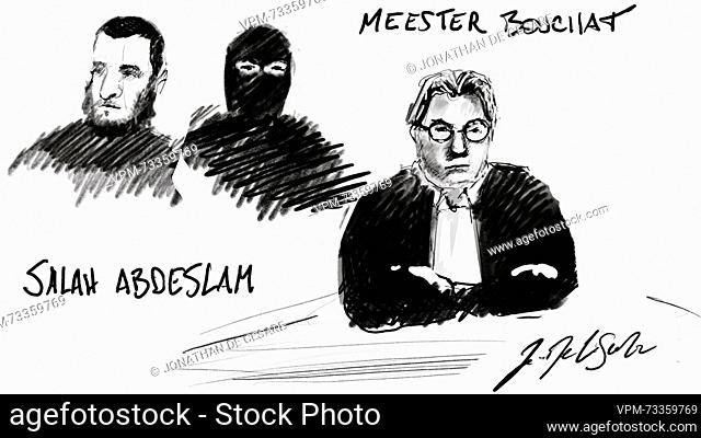 This drawing by Jonathan De Cesare shows accused Salah Abdeslam and Lawyer Michel Bouchat during a session with pleadings concerning the sentencing at the the...
