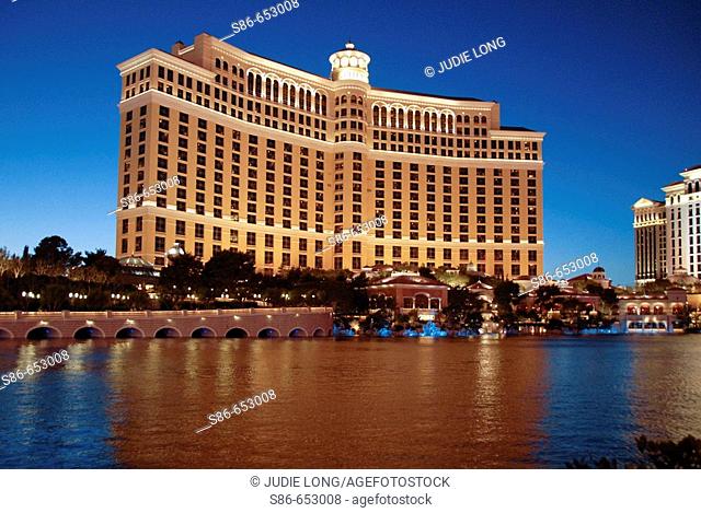 Bellagio Hotel and Reflecting Pool at Night. Las Vegas. USA