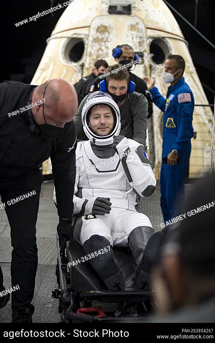 ESA (European Space Agency) astronaut Thomas Pesquet is seen after being helped out of the SpaceX Crew Dragon Endeavour spacecraft onboard the SpaceX GO...
