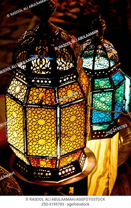 Cairo, Egypt – November 5, 2018: photo for Ramadan lanterns in the front of one of shop in Khan el-Khalili in Cairo city capital of Egypt