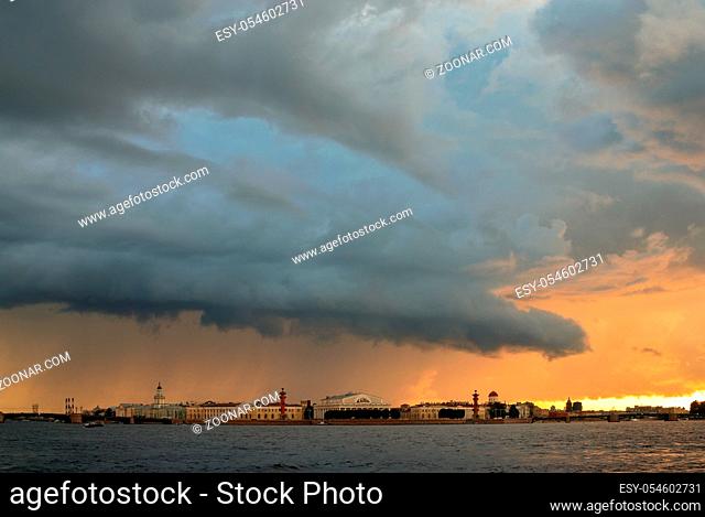 Dramatic cloudscape over St. Petersburg and Neva river, Russia