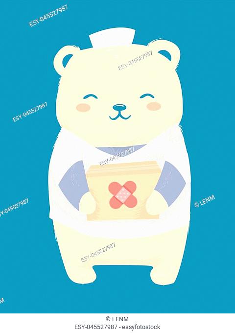 Illustration of a Health Worker Bear Wearing Nurse Cap and Holding Medicine or First Aid Box