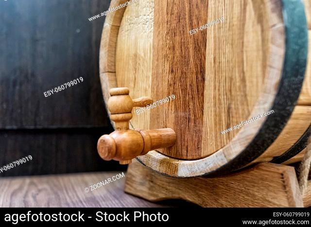 Small wooden oak barrel for home production of beer, cognac and whiskey