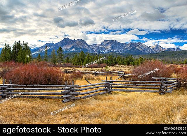 Wood pole fences in the valley of the Swtooth mountain range near Stanley, Idaho