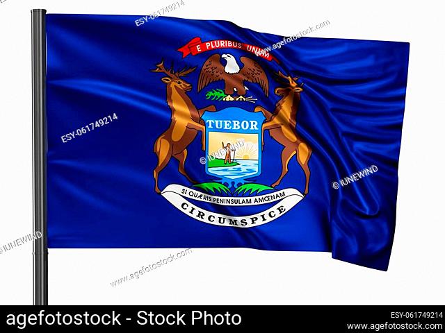 Michigan US state flag waving in the wind isolated on white background