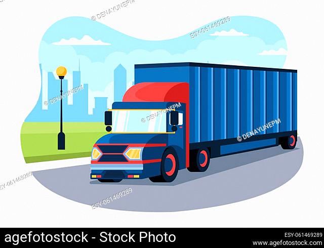 Trucking Transportation Cartoon Illustration with Cargo Delivery Services or Cardboard Box Sent to the Consumer in Flat Style Design