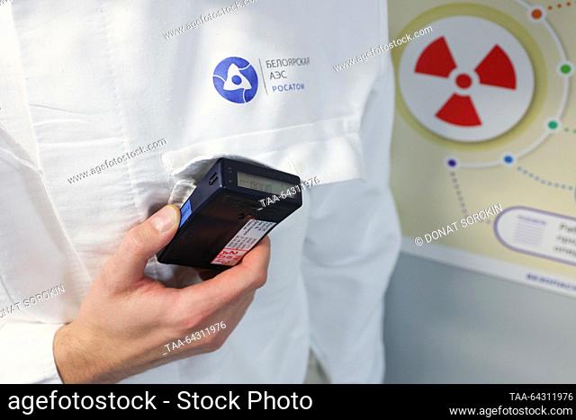 RUSSIA, SVERDLOVSK REGION - NOVEMBER 2, 2023: A worker holds a radiation dosimeter at the Beloyarsk Nuclear Power Station named after Kurchatov in the town of...