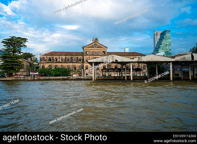 Pier for traveling along Chao Phraya River on regular city boat line, Bangkok, Thailand