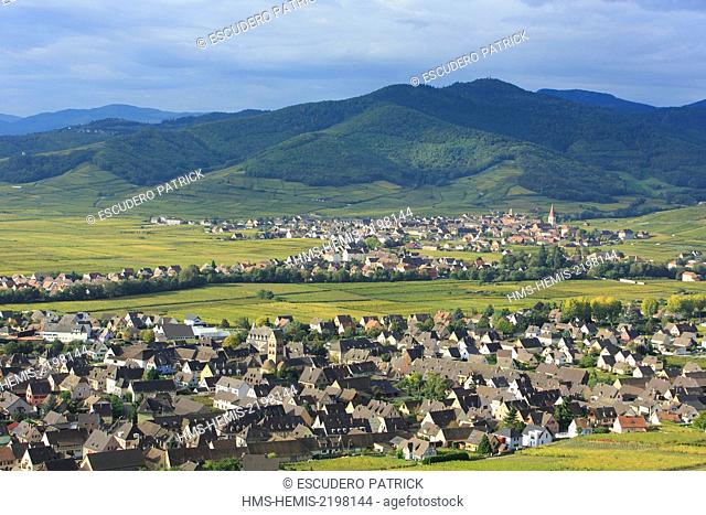 France, Haut Rhin, Route des Vins d'Alsace, Sigolsheim, hign angle view of the villages of Sogolsheim, Kientzheim and Kaysersberg from the national Mecropolis