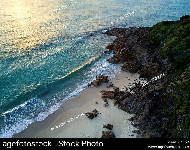 Aerial view of Zenith Beach southern end rocks and part of Stephens Peak, Port Stephens