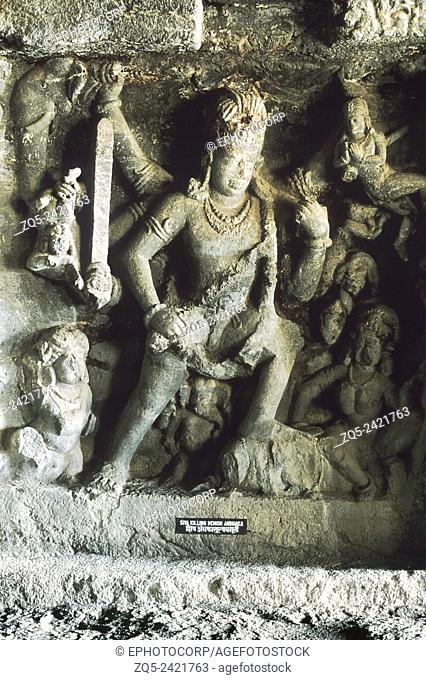 Cave number 14. Right wall, fourth panel. Shiva killing demon Andhaka. Ellora caves, India