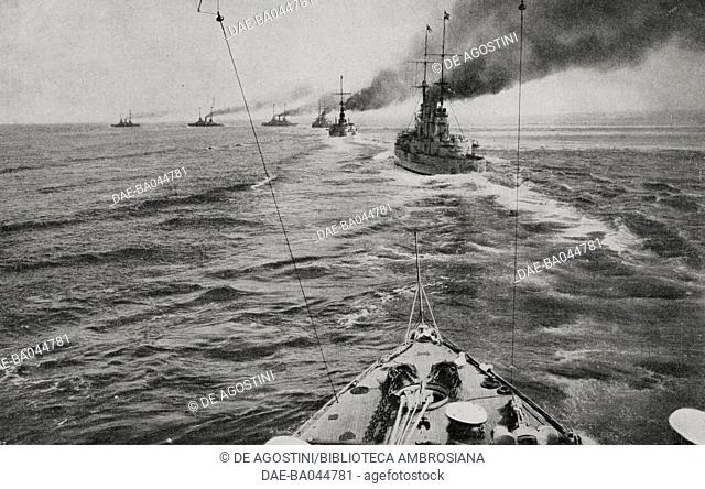The German fleet in battle formation, North Sea, Battle of Jutland, World War I, from L'Illustrazione Italiana, Year XLIII, No 24 June 11, 1916