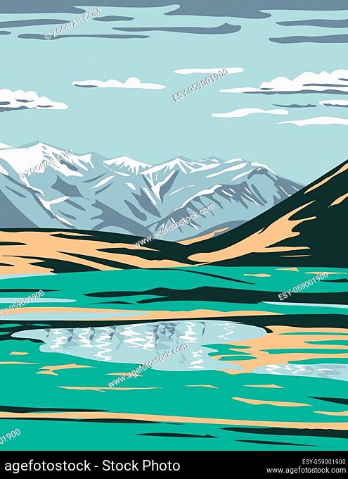 WPA Poster Art of the Brooks Range from near Galbraith Lake located in the North Slope Borough of Alaska, United States done in works project administration...