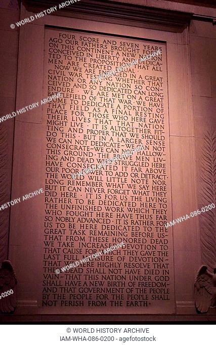 Abraham Lincoln's Gettysburg Address inscribed on a wall of the Lincoln Memorial, an American national monument built to honour the 16th President of the United...