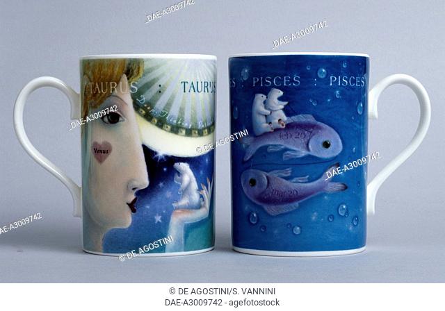 Zodiac mugs, Taurus and Pisces, Rob Scotton series, ceramic, Portmeirion Potteries manufacture, Stoke-on-Trent, England, 20th century