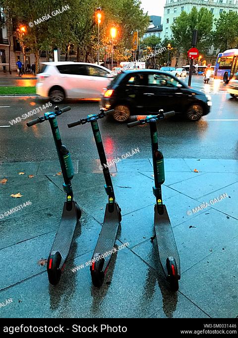 Three electric scooters for rent. Madrid, Spain
