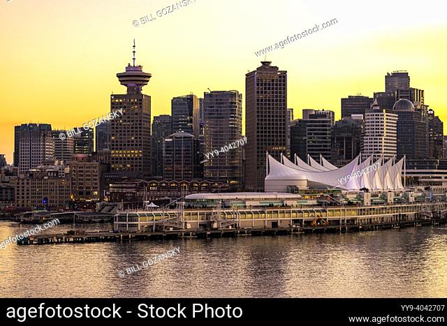 View of Canada Place and downtown Vancouver's skyline at sunset - Vancouver, British Columbia, Canada