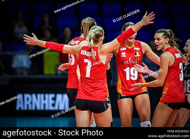 Belgian Yellow Tigers celebrate during a volleyball game between Belgian national women's team the Yellow Tigers and Kenya
