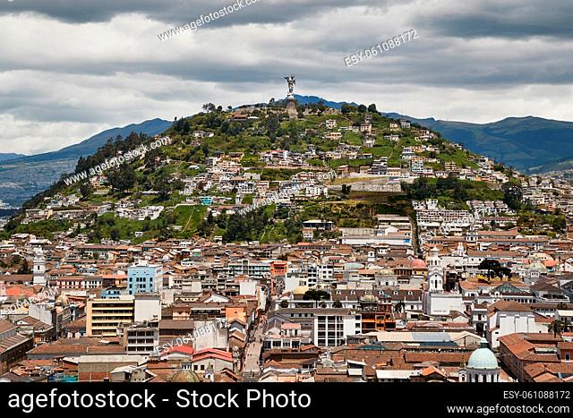 View of Quito, Ecuador with Oanecillo hill in the background, zooming out