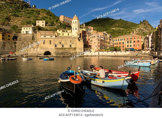 Sheltered port at Vernazza, a town and comune located in the province of La Spezia, Liguria, northwestern Italy. It is one of the five towns that make up the...