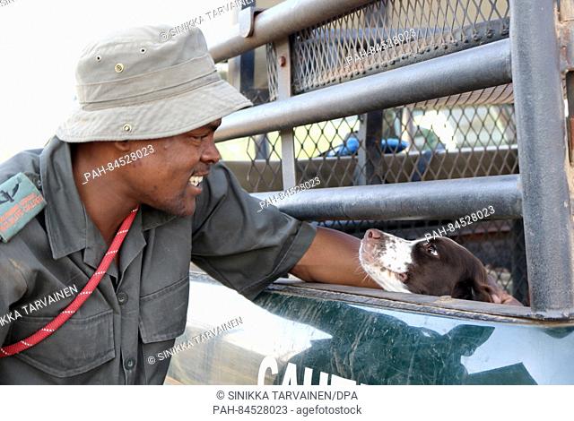 Ranger Makhubele pets a trained dog at the Southern African Wildlife College in Hoedspruit, South Africa, 01 October 2016