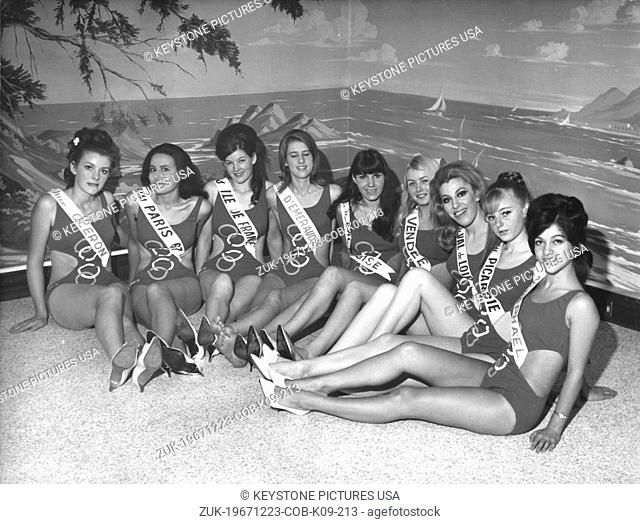 Dec 23, 1967 - Paris, France - Presentation of Miss France 1968 candidates featuring the Olympic malliot one-piece swimsuit