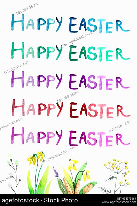 Happy Easter card with text, hand drawn illustration with floral elements