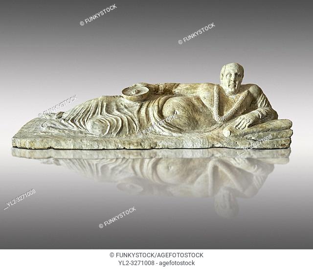 Etruscan Hellenistic style cinerary, funreary, urn cover with a man, National Archaeological Museum Florence, Italy , against grey