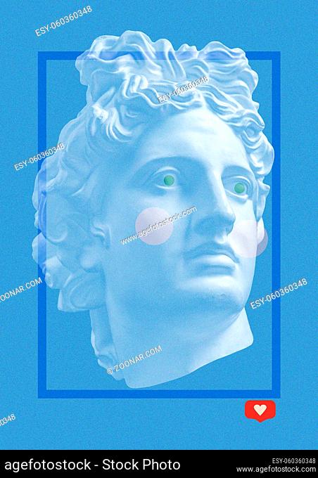 Art collage with antique sculpture of Apollo face and numbers, geometric shapes. Beauty, fashion and health theme. Science, research, discovery