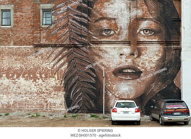 New Zealand, South Island, Christchurch, mural of a female model on a brick wall