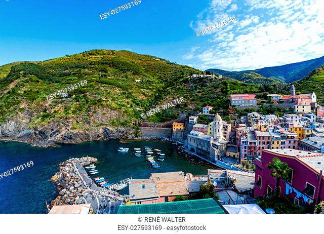 Vernazza, one of five villages in Cinque Terre National Park and is a UNESCO World Heritage Site on Italian Riviera. View from Doria Castle