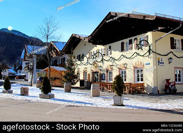 Germany, Bavaria, Mittenwald, district Gries, Gasthof Gries, beer garden, houses, place, locality, violin making place, tourism, destination, place of interest